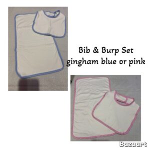 Bib and Burp cloth Set (Gingham blue or pink trim)