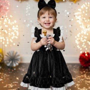 Girls Black Velvet Dress with white lace