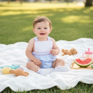 Woven light blue Boy bubble with red pipping