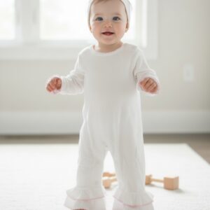 Girls Long Sleeves Ruffle Jumpsuit with Pink Picot Trim